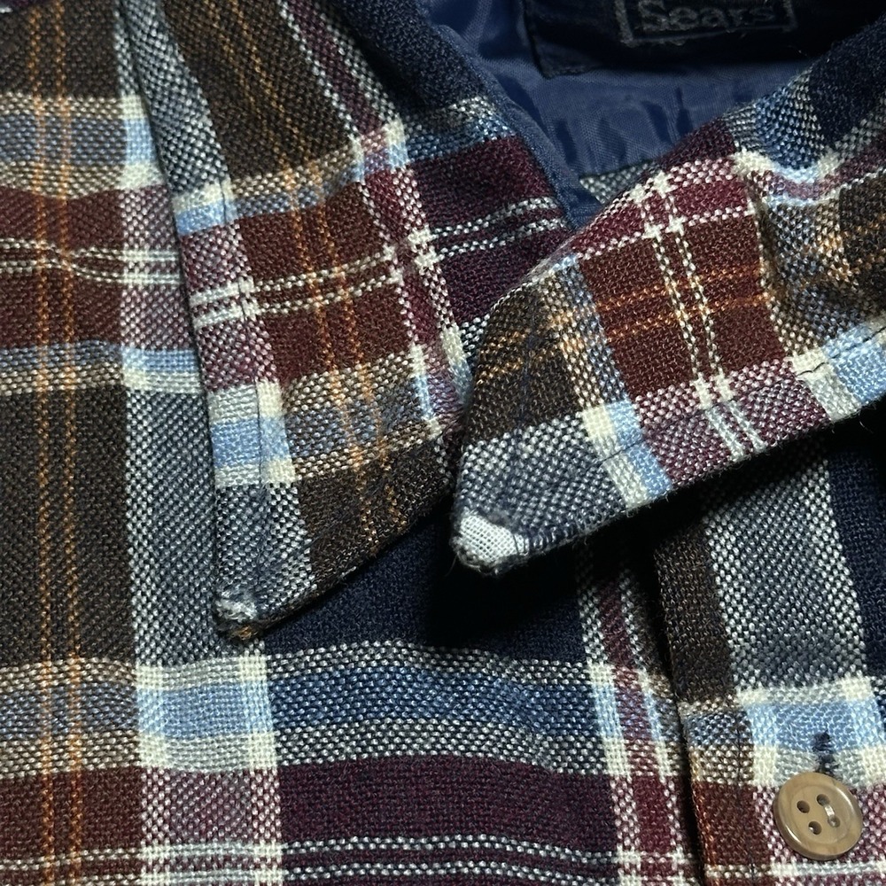 Vintage 70s 80s Sears Flannel Shirt Mens Medium Navy Plaid Acrylic‎ Dual Pocket - Picture 5 of 13